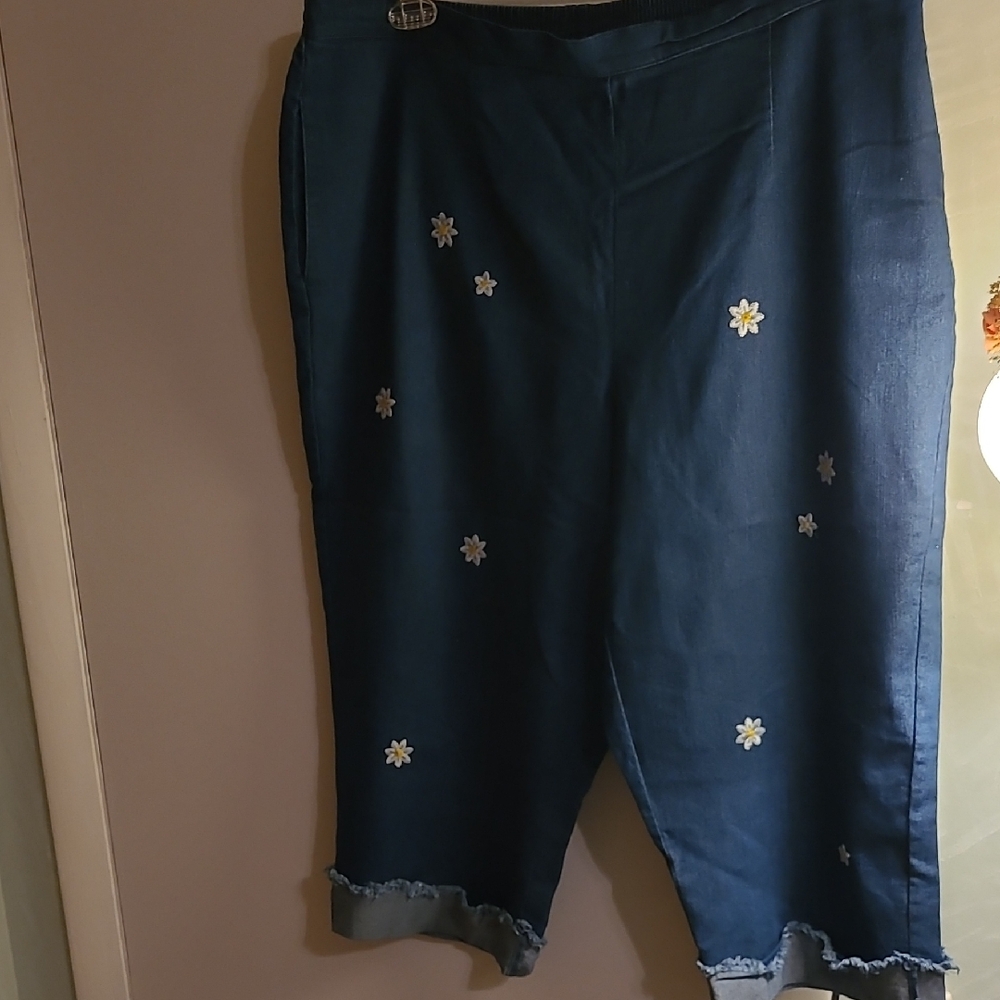 Blue Floral Embroidered Capri